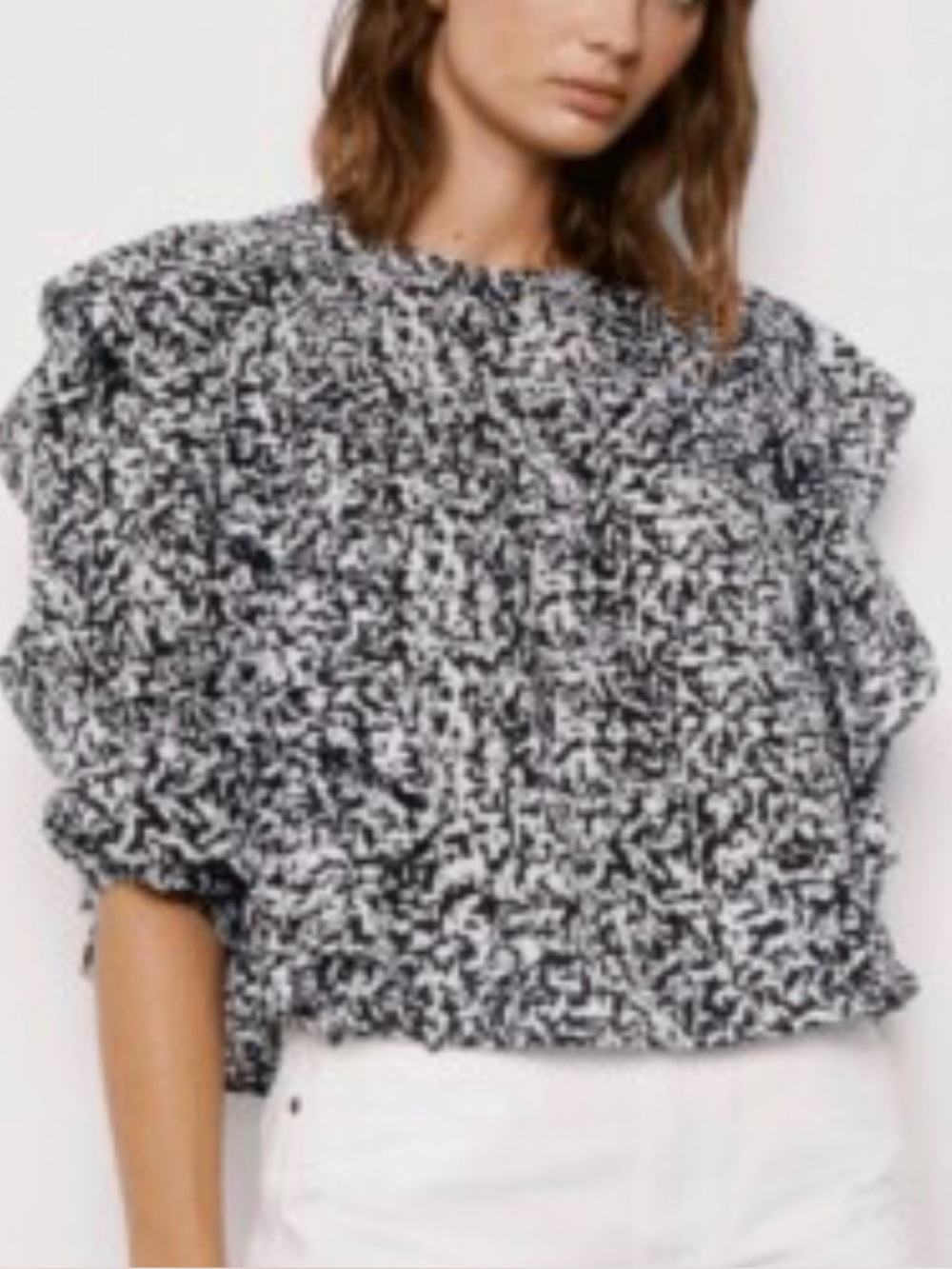 Pistola Winston Ruffle Black White Noise Cropped Puffed Sleeve Cotton Bouse XS